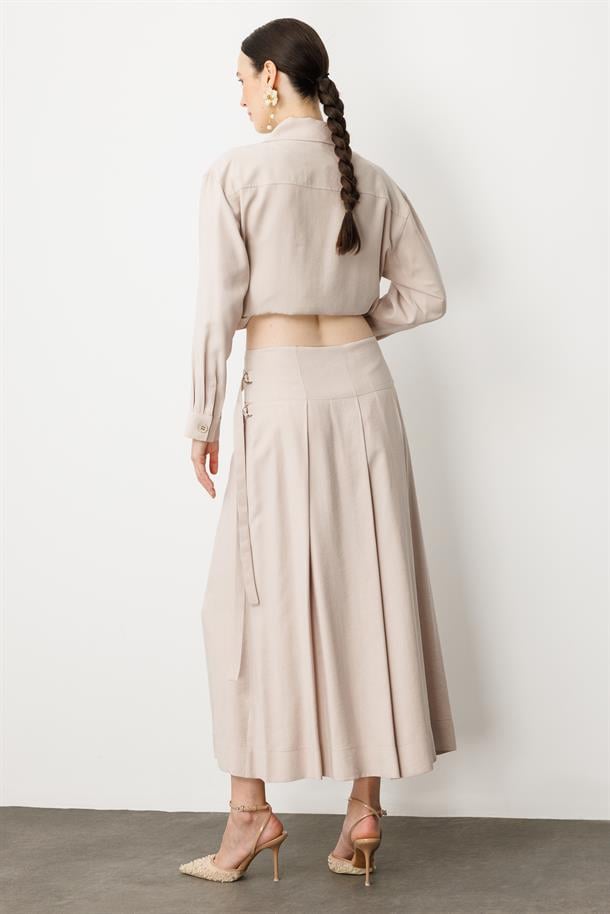 Pileli Kuşaklı Uzun Etek-TAŞ