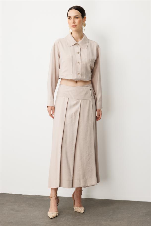 Pileli Kuşaklı Uzun Etek-TAŞ