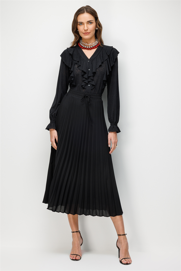 Pileli Şifon Etek-SİYAH