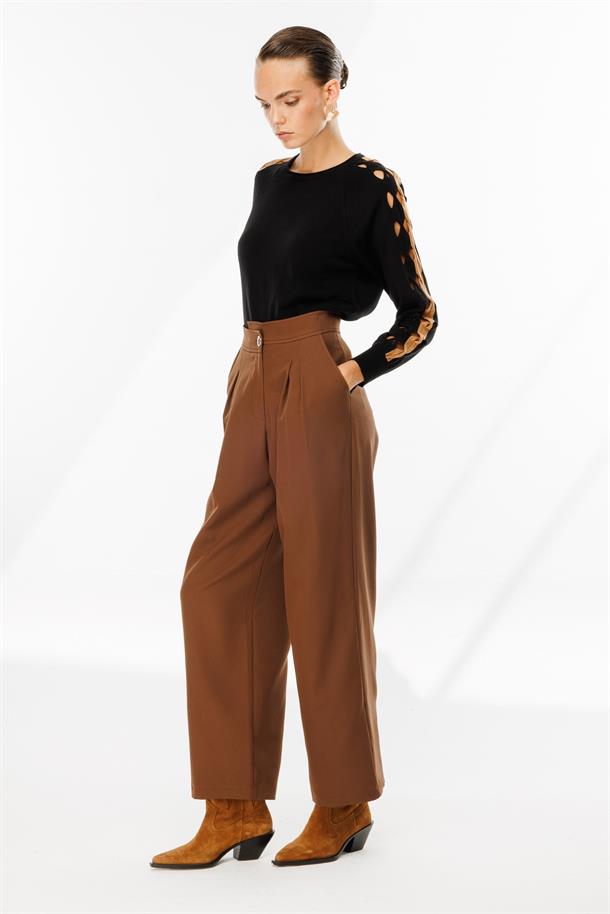 Pileli Yüksek Bel Palazzo Pantolon-FINDIK