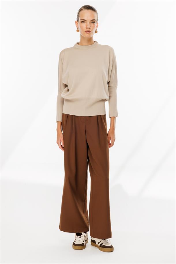 Pileli Yüksek Bel Palazzo Pantolon-FINDIK