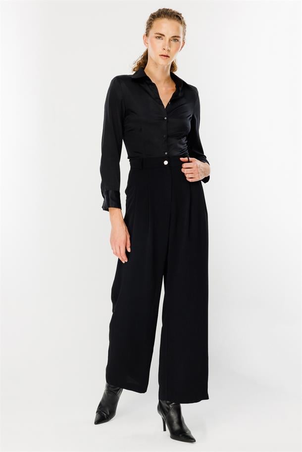 Pileli Yüksek Bel Palazzo Pantolon-SİYAH