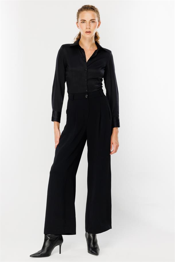 Pileli Yüksek Bel Palazzo Pantolon-SİYAH