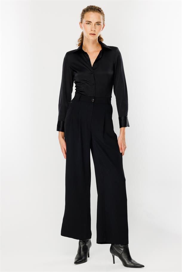 Pileli Yüksek Bel Palazzo Pantolon-SİYAH