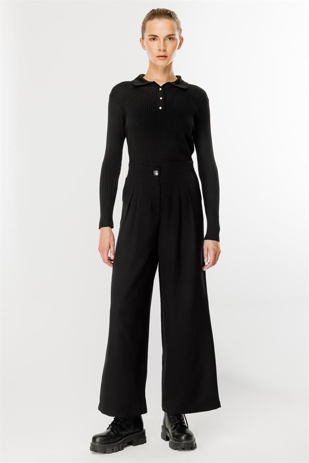 Pileli Yüksek Bel Palazzo Pantolon-SİYAH