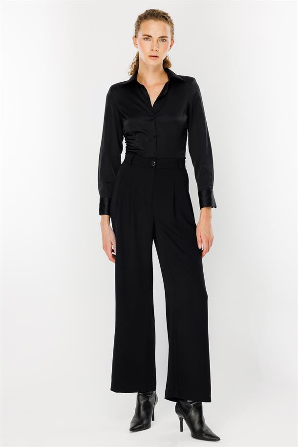 Pileli Yüksek Bel Palazzo Pantolon-SİYAH