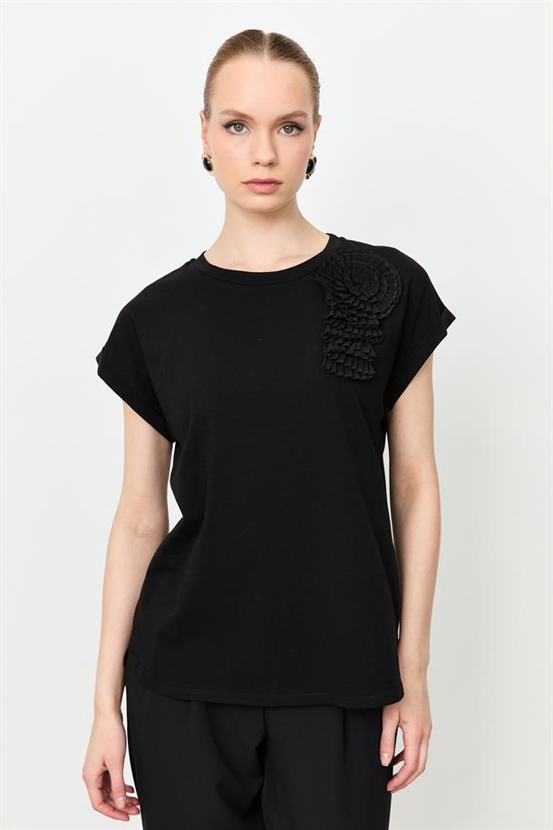 Pilise Çiçek Detaylı Bluz-SİYAH