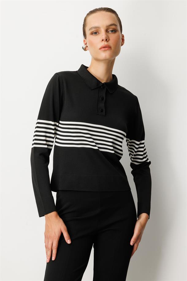 Polo Yaka Çizgi Desen Triko Kazak-SİYAH