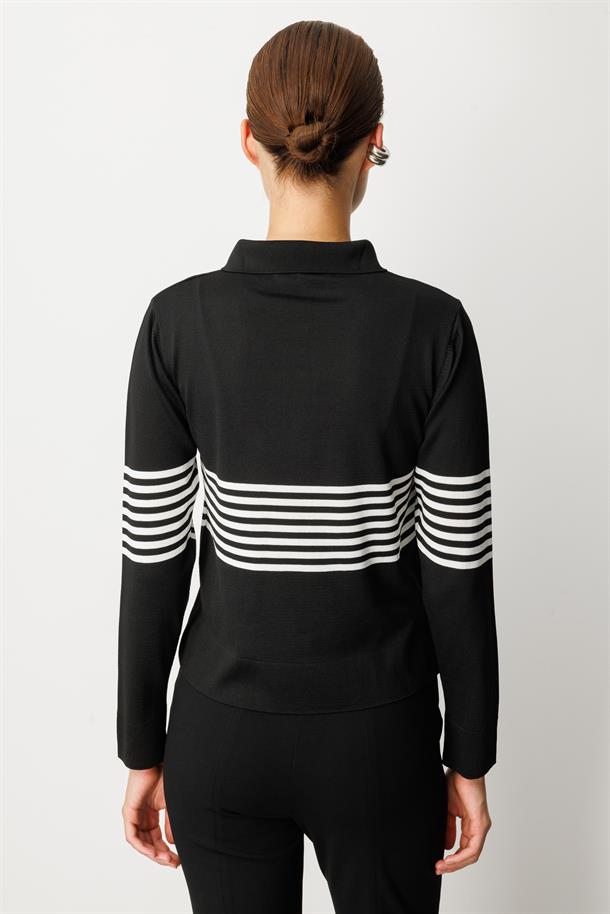 Polo Yaka Çizgi Desen Triko Kazak-SİYAH