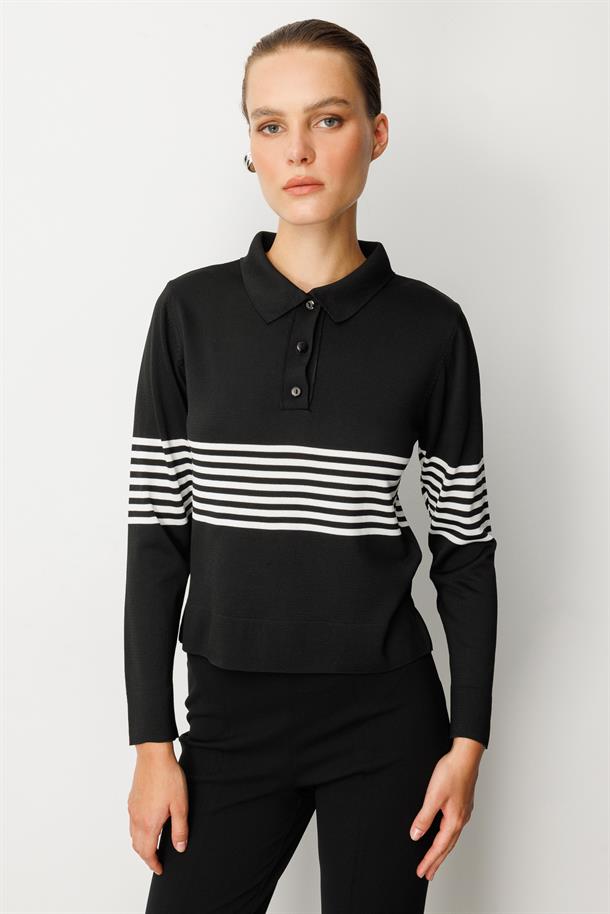 Polo Yaka Çizgi Desen Triko Kazak-SİYAH