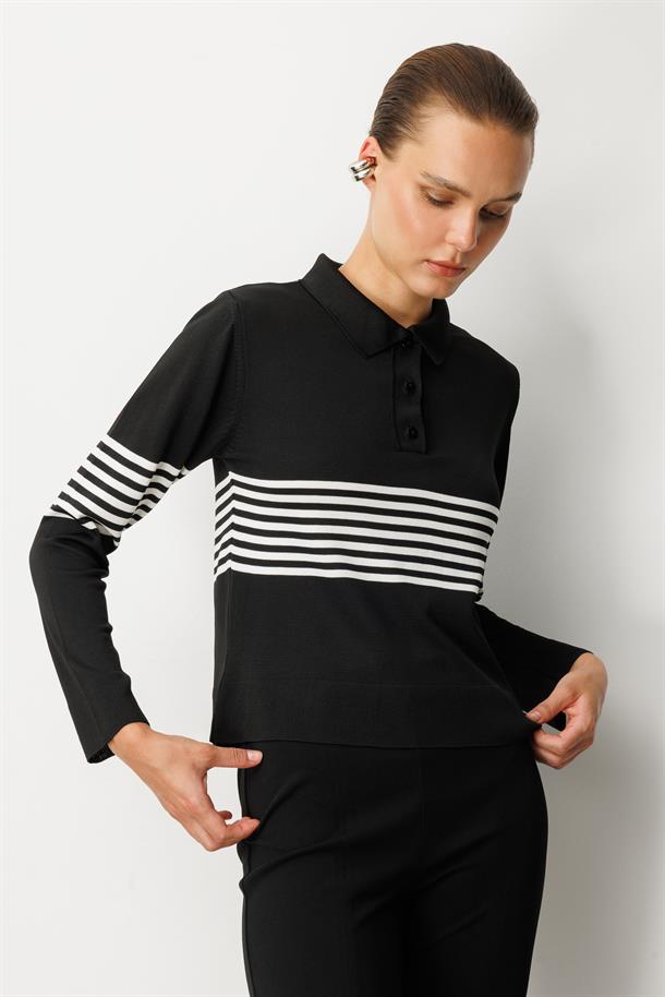 Polo Yaka Çizgi Desen Triko Kazak-SİYAH