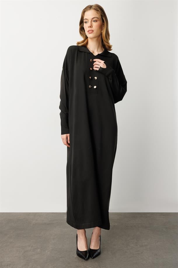Polo Yaka Düğme Detaylı Uzun Elbise-SİYAH