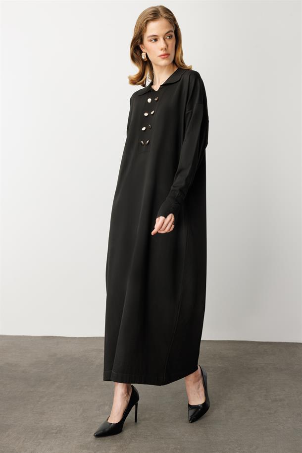 Polo Yaka Düğme Detaylı Uzun Elbise-SİYAH