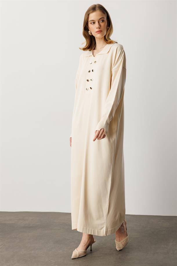 Polo Yaka Düğme Detaylı Uzun Elbise-TAŞ