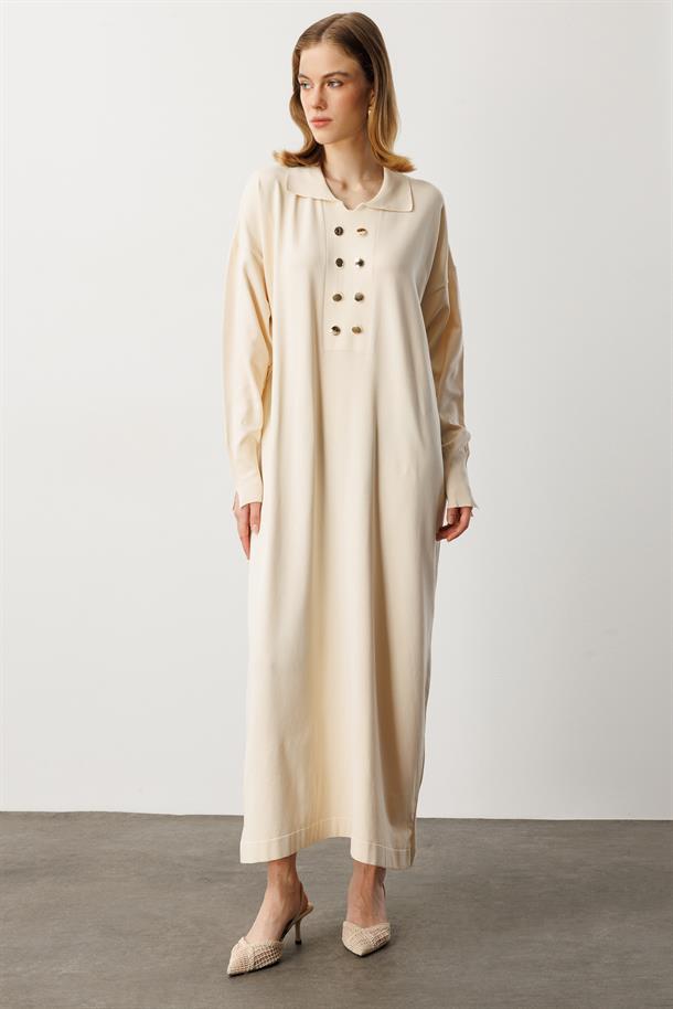 Polo Yaka Düğme Detaylı Uzun Elbise-TAŞ