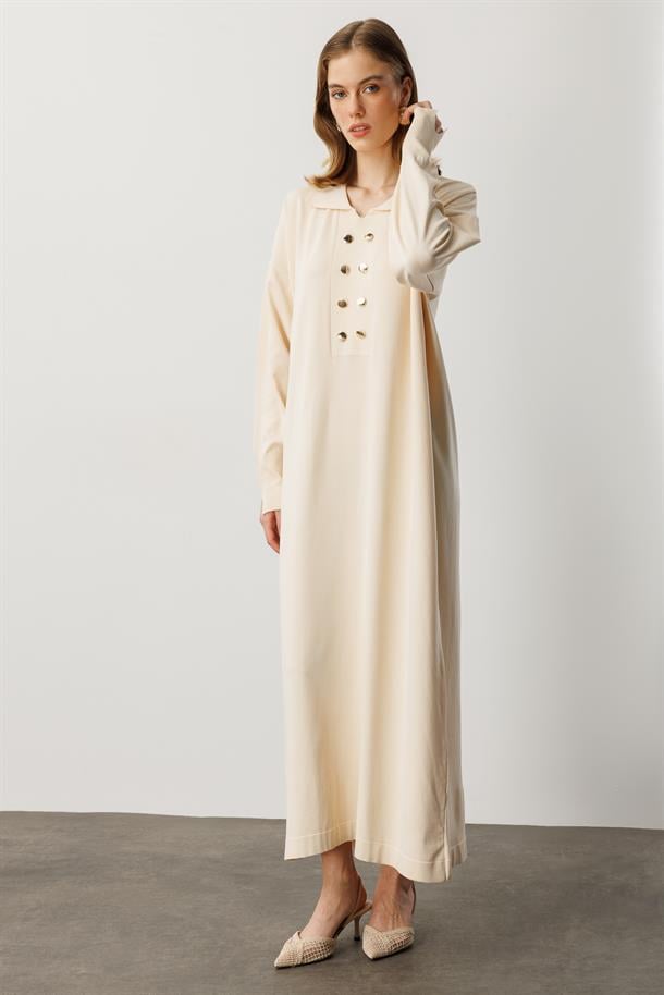 Polo Yaka Düğme Detaylı Uzun Elbise-TAŞ