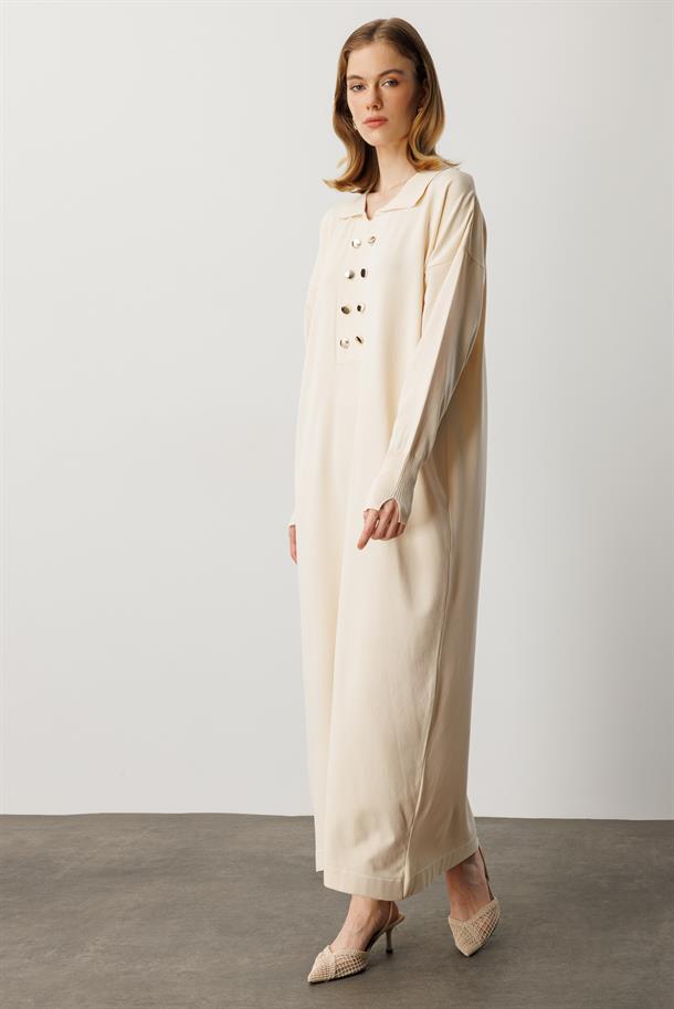 Polo Yaka Düğme Detaylı Uzun Elbise-TAŞ