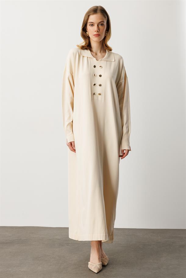 Polo Yaka Düğme Detaylı Uzun Elbise-TAŞ