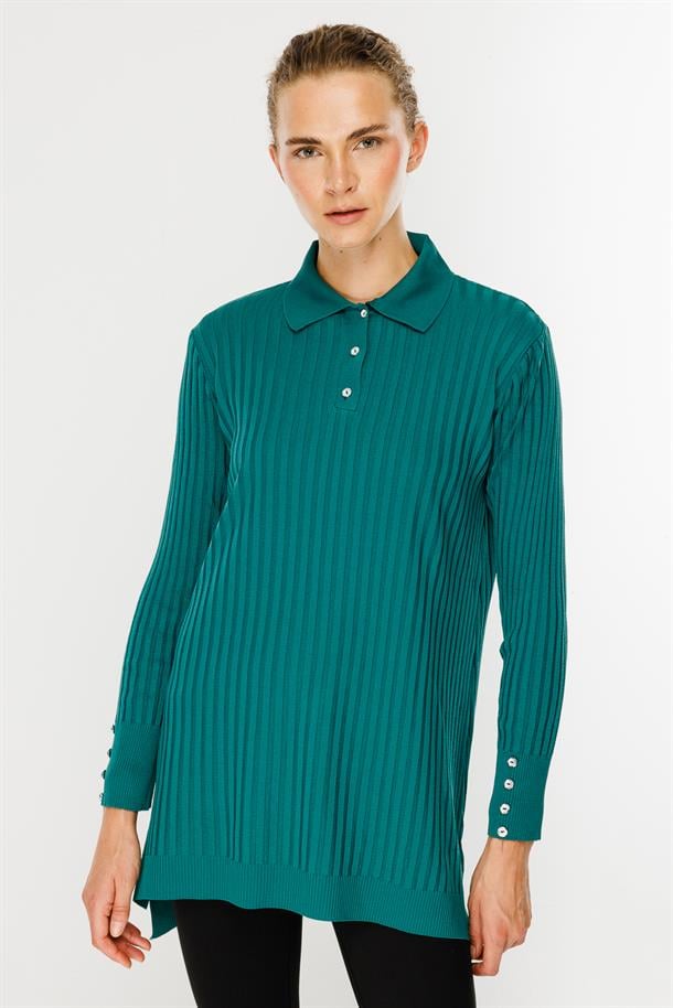 Polo Yaka Düğmeli Triko Tunik-PETROL