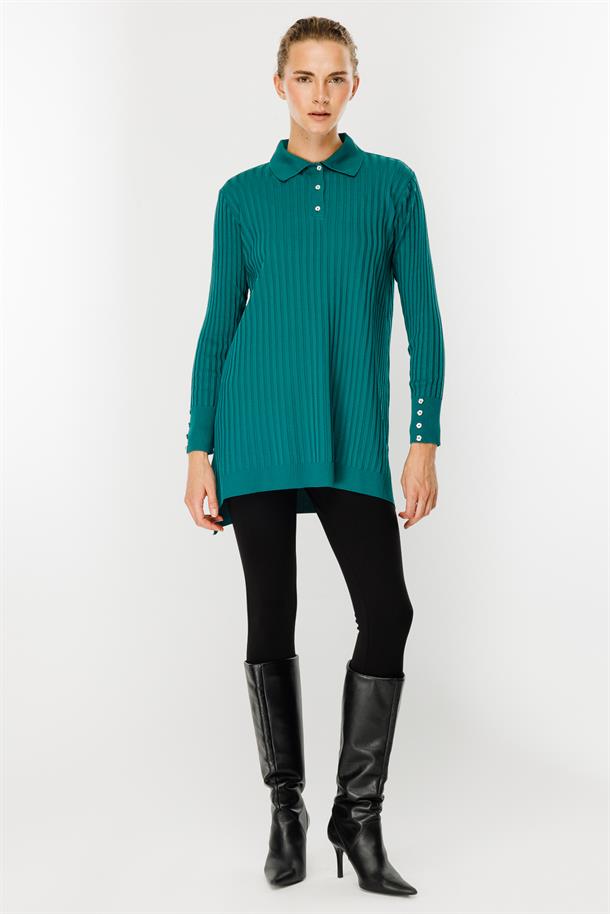 Polo Yaka Düğmeli Triko Tunik-PETROL