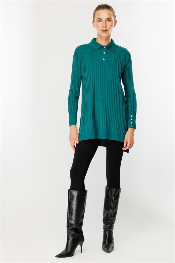 Polo Yaka Düğmeli Triko Tunik-PETROL