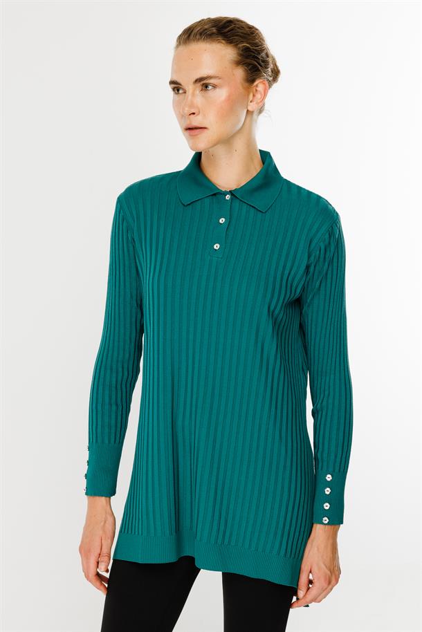 Polo Yaka Düğmeli Triko Tunik-PETROL