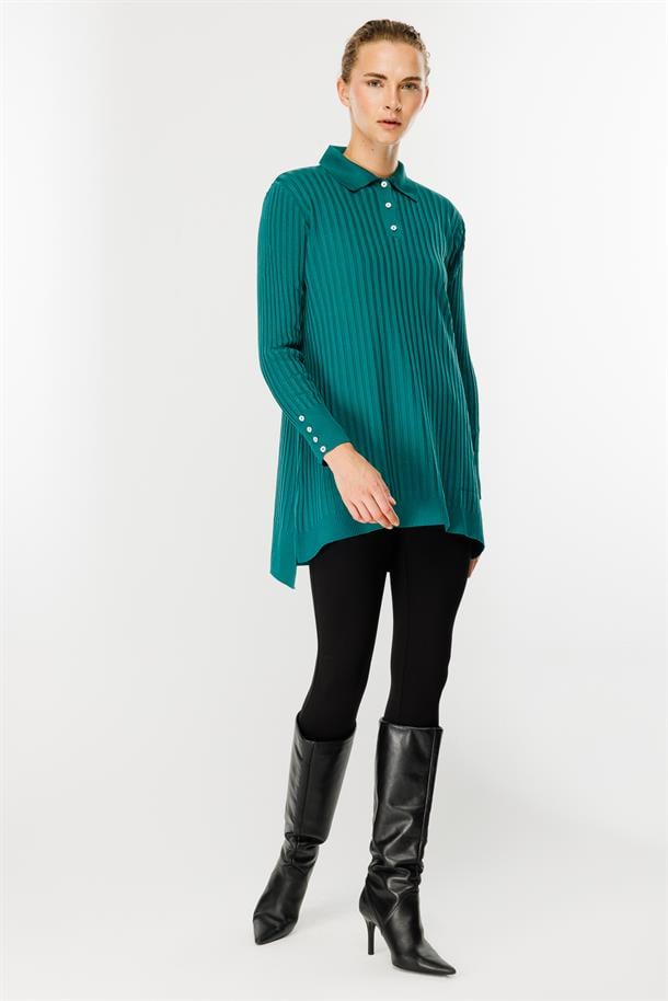 Polo Yaka Düğmeli Triko Tunik-PETROL