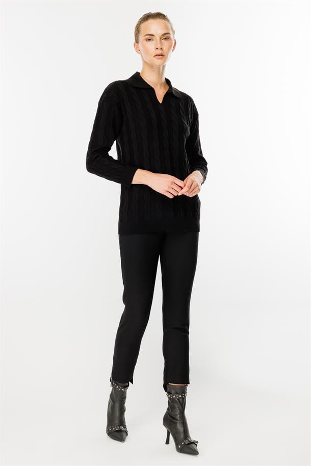 Polo Yaka Saç Örgü Desenli Triko Kazak-SİYAH