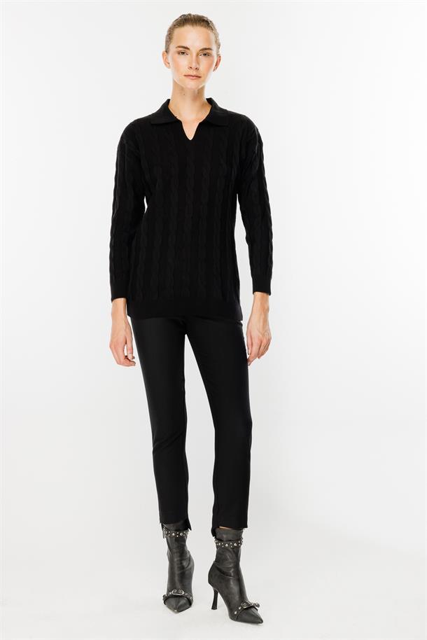 Polo Yaka Saç Örgü Desenli Triko Kazak-SİYAH