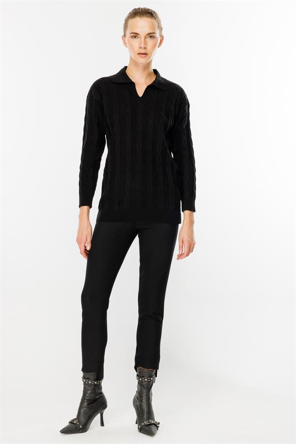 Polo Yaka Saç Örgü Desenli Triko Kazak-SİYAH