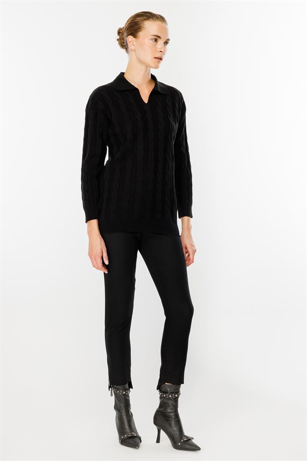 Polo Yaka Saç Örgü Desenli Triko Kazak-SİYAH