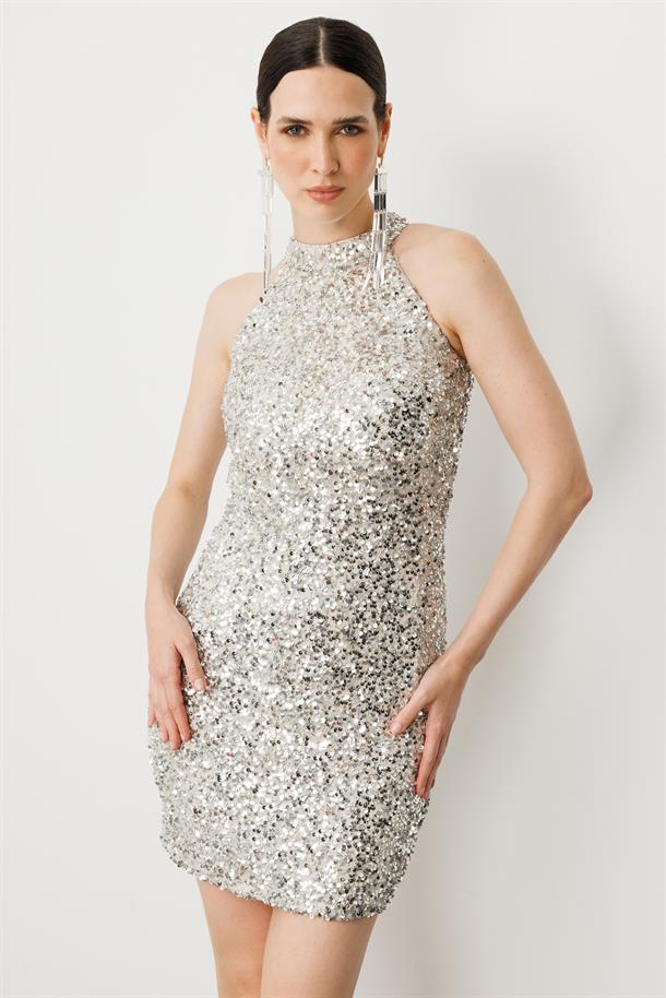 Pul Detaylı Kısa Abiye Elbise-GÜMÜŞ