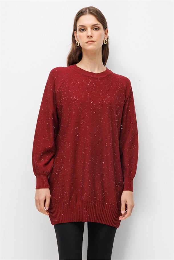 Pul Detaylı Triko Tunik-BORDO