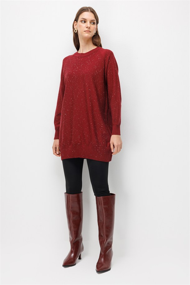 Pul Detaylı Triko Tunik-BORDO