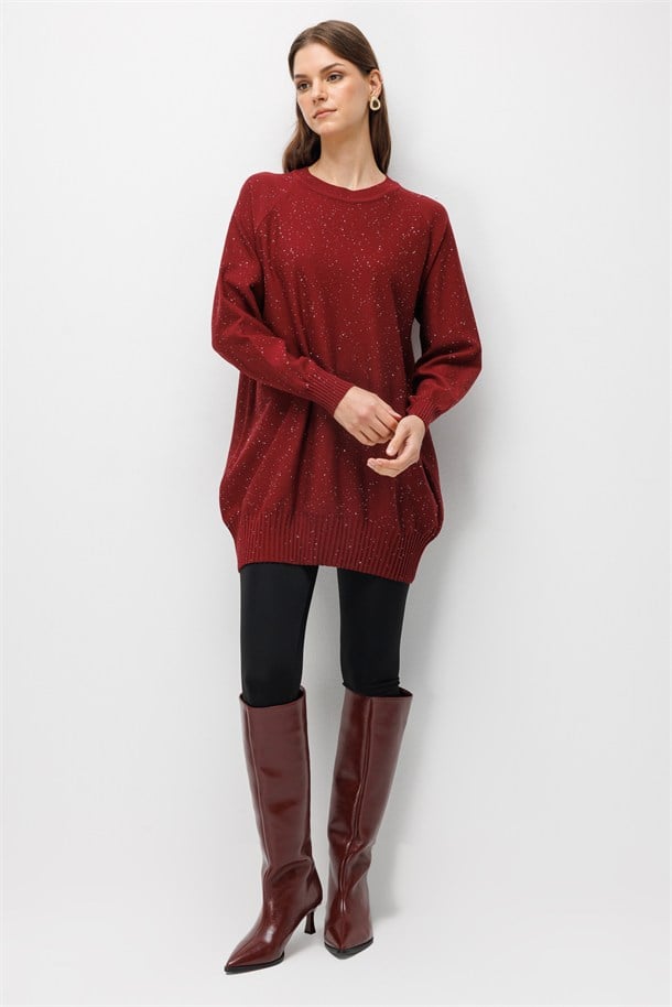 Pul Detaylı Triko Tunik-BORDO
