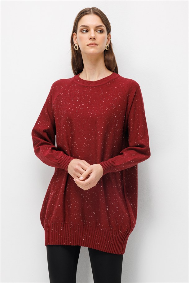 Pul Detaylı Triko Tunik-BORDO