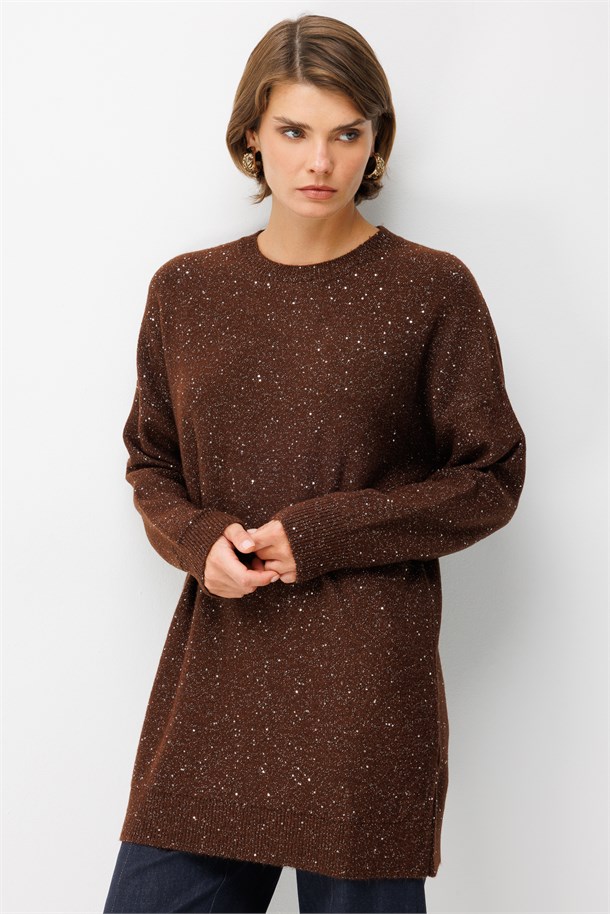 Pul Detaylı Triko Tunik-KAHVE