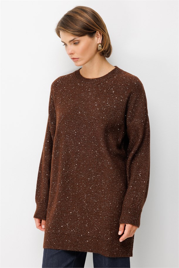 Pul Detaylı Triko Tunik-KAHVE