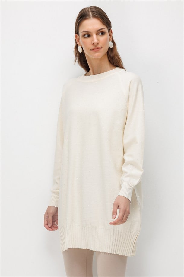 Pul Detaylı Triko Tunik-KREM
