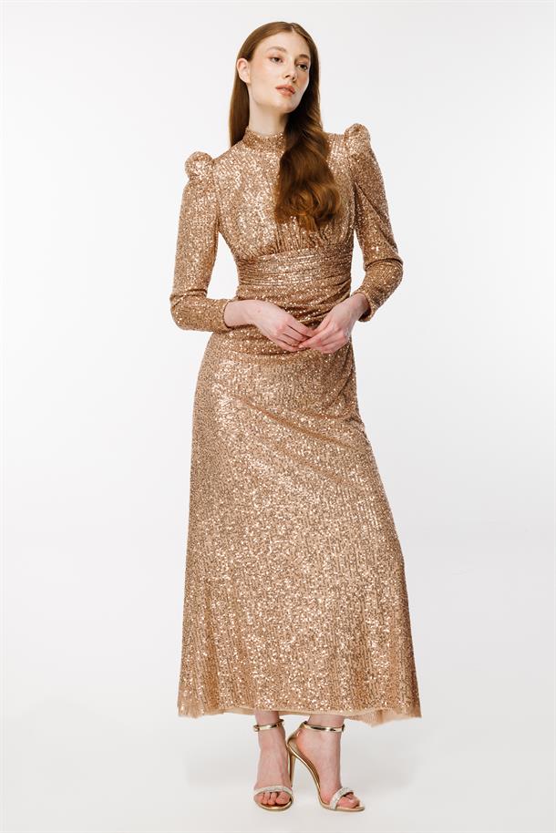 Pul İşlemeli Uzun Abiye-GOLD