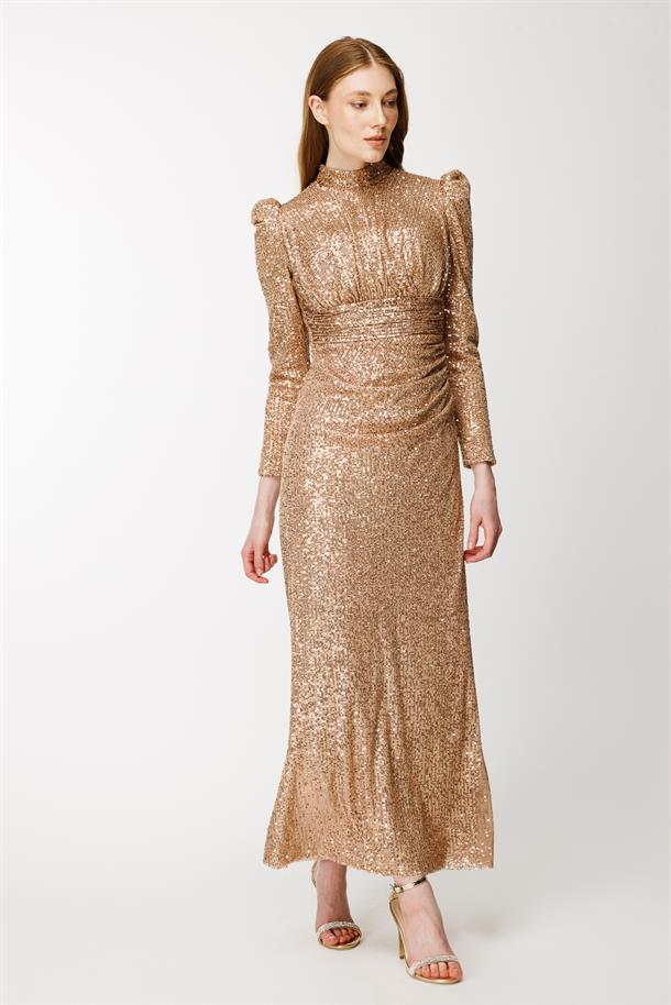 Pul İşlemeli Uzun Abiye-GOLD