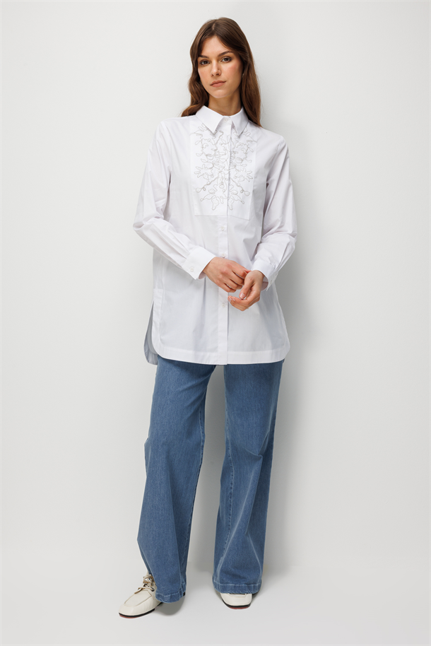 Pullu Nakış Detay Pamuklu Gömlek-BEYAZ