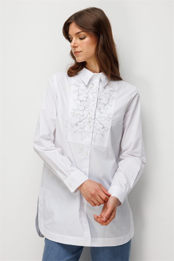 Pullu Nakış Detay Pamuklu Gömlek-BEYAZ