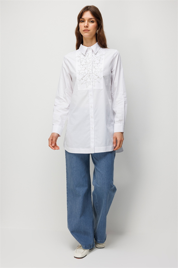 Pullu Nakış Detay Pamuklu Gömlek-BEYAZ
