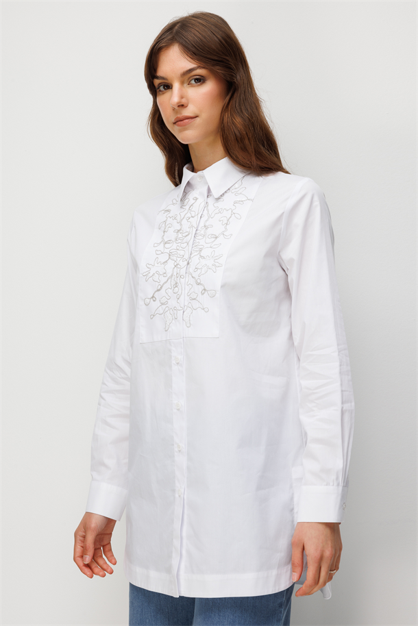 Pullu Nakış Detay Pamuklu Gömlek-BEYAZ