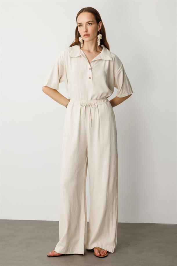 Rahat Kalıp Keten Pantolon-KREM