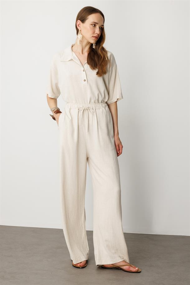 Rahat Kalıp Keten Pantolon-KREM