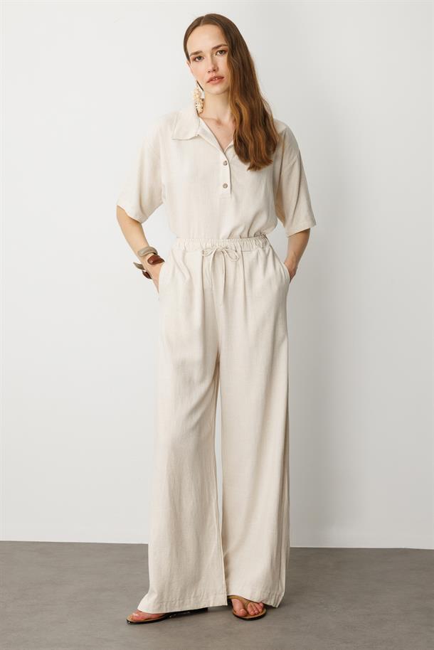 Rahat Kalıp Keten Pantolon-KREM