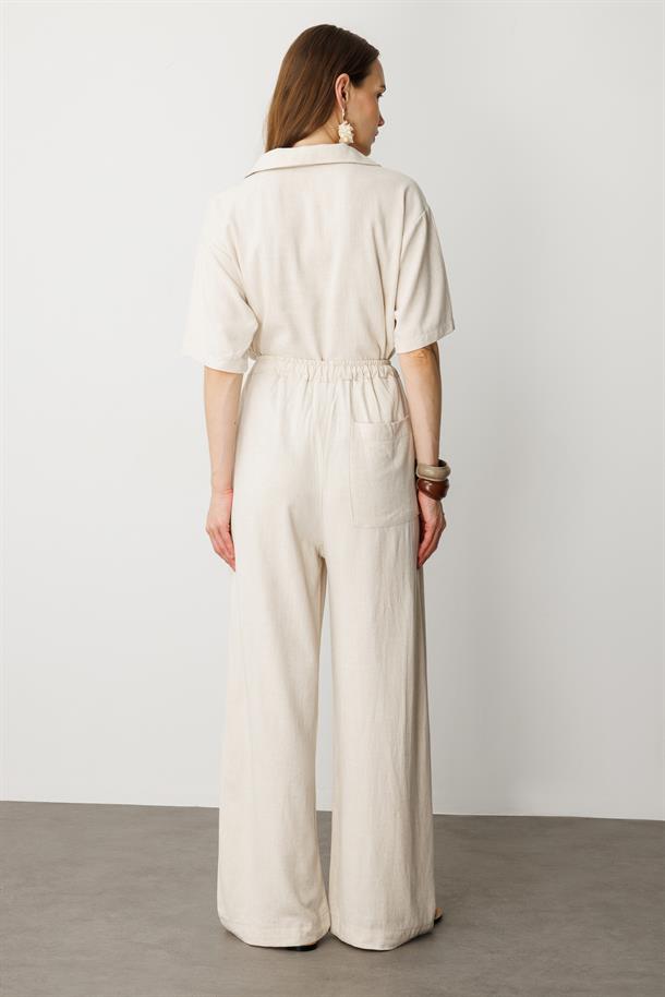 Rahat Kalıp Keten Pantolon-KREM