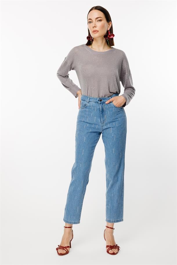 Rahat Kalıp Taş Baskılı Kot Pantolon-MAVİ